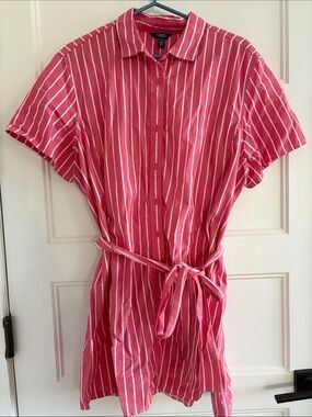 Chaps Pink and White Vertical Stripe Shirt Dress with Tie